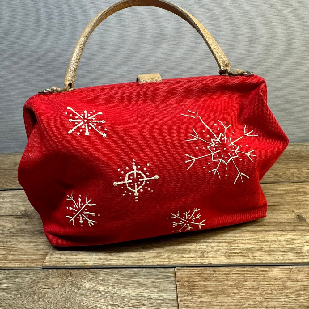 Vintage T. Capelli Hand Painted Snowman Purse Red Holiday Festive Handbag 90s - Picture 3 of 12
